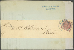 HANNOVER 8a BRIEF, 1857, 3 Pf. Karmin, Schwarz Genetzt, Auf Vollständigem Streifband Von HARBURG Nach Berlin, Marke Rech - Hannover