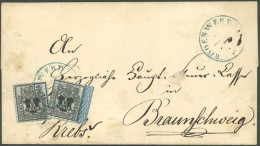 HANNOVER 11 BRIEF, 1856, 1/15 Th. Schwarz/grauultramarin, 2-mal Als Mehrfachfrankatur Von BODENWERDER Nach Braunschweig, - Hannover