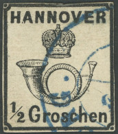 HANNOVER 17y O, 1860, 1/2 Gr. Schwarz, Blauer L3 HARBURG, Schmalrandig-leicht Berührt, Fotoattest Berger - Hanovre