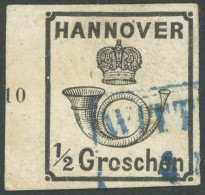 HANNOVER 17yII O, 1860, 1/2 Gr. Schwarz Mit Plattenfehler O In Groschen Gebrochen, Linkes Randstück Mit Reihenzähler 10, - Hanover