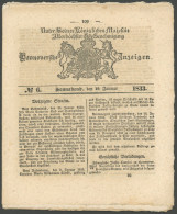 HANNOVER 1833, Zeitung Hannoversche Anzeigen No. 6 Mit Anzeigen Aus Allen Lebensbereichen, Pracht - Hannover