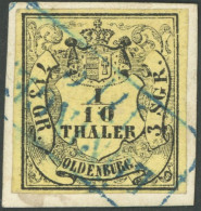 OLDENBURG 4a BrfStk, 1859, 1/10 Th. Schwarz Auf Hellgelb, Blauer R2 LÖNINGEN, Prachtbriefstück, Gepr. Pfenninger - Oldenbourg