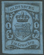 OLDENBURG 6II O, 1859, 1 Gr. Schwarz Auf Blau Mit Plattenfehler Untere Randlinie Stark Unterbrochen, Pracht, Mi. 200.- - Oldenbourg