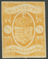 OLDENBURG 9 , 1861, 1/4 Gr. Dunkelgelborange, Falzreste, Pracht, Signiert, Mi. 380.- - Oldenbourg