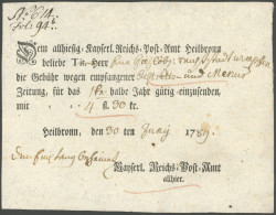 WÜRTTEMBERG 1789, HEILBRONN, Ortsdruck Auf Postschein, Pracht - Préphilatélie