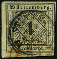 WÜRTTEMBERG 1yb O, 1851, 1 Kr. Schwarz Auf Mittelgraugelbem Seidenpapier, K3 SUTTGART Und Roter PAID-Stempel, Feinst (rü - Andere & Zonder Classificatie