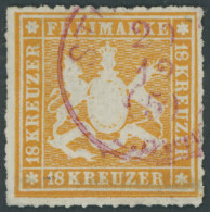 WÜRTTEMBERG 34 O, 1867, 18 Kr. Orangegelb Mit Rotem Stempel STUTTGART, Feinst, Gepr. Thoma, Mi. 1000.- - Other & Unclassified