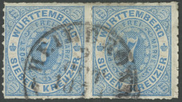 WÜRTTEMBERG 39b Paar O, 1869, 7 Kr. Hellblau Im Waagerechten Paar, Feinst, Gepr. Thoma, Mi. 250.- - Other & Unclassified