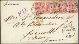 NDP 9 BRIEF, 1868, 3 Kr. Mittelrötlichkarmin, Dreierstreifen Und Einzelmarke Auf Brief Von DARMSTADT Nach Grenoble, Viol - Autres & Non Classés