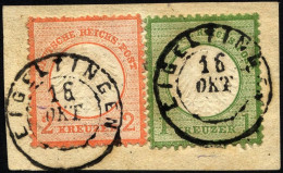 Dt. Reich 7/8 BrfStk, 1872, 1 Kr. Gelblichgrün Und 2 Kr. Ziegelrot Auf Briefstück Mit K2 EIGELTINGEN, Pracht (Marken Zur - Used Stamps