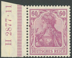 Dt. Reich 92IHAN , 1911, 60 Pf. Graulila Friedensdruck, Linkes Randstück Mit HAN 2877.11, Pracht, R!, Gepr. Zenker - Sonstige & Ohne Zuordnung