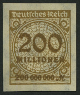 Dt. Reich 323AUHT , 1923, 200 Mio. M. Ockerbraun, Ungezähnt, Mit Sprung In Der Rosette, Pracht - Neufs