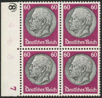Dt. Reich 493 VB , 1933, 60 Pf. Hindenburg, Wz. 2, Im Linken Randviererblock Mit Bogennummer, Postfrisch, Pracht, Mi. (1 - Sonstige & Ohne Zuordnung
