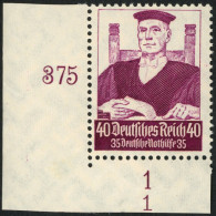 Dt. Reich 564 , 1934, 40 Pf. Stände, Untere Linke Bogenecke Mit Form Nr. 1, Bogenrand Teils Stark Haftend, Marke Postfri - Sonstige & Ohne Zuordnung