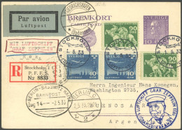 ZULEITUNGSPOST 202 BRIEF, Schweden: 1933, 1. Südamerikafahrt, Private Einschreibkarte Mit 4 Mk. Buntfrankatur, Bahnposts - Correo Aéreo & Zeppelin