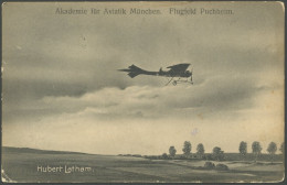 ALTE ANSICHTSKARTEN 1912, Flugplatzkarte Hubert Latham, Flugfeld Puchheim, Gebraucht, Marken Abgefallen, Ränder Etwas An - Autres & Non Classés