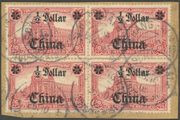 DP CHINA 34B VB BrfStk, 1905, 1/2 D. Auf 1 M., Ohne Wz., Gezähnt B, Im Viererblock Auf Bedarfsbriefstück, Gepr. Bothe, M - Deutsche Post In China