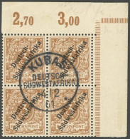 DSWA 5b VB O, KUBAS, 4.2.01, Zentrisch Auf 3 Pf. Im Viererblock Aus Der Oberen Rechten Bogenecke, Pracht - German South West Africa