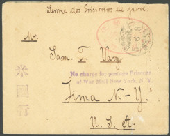 KIAUTSCHOU NARASHINO, 1916, Brief In Die USA Mit L2 No Charge For Postage Prisoner Of War Mail New York N.Y. Und Rotem L - Kiaochow