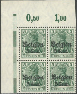 LANDESPOST IN BELGIEN 12IaZa , 1916, 5 C. Auf 5 Pf. Opalgrün Friedensdruck, Im Oberen Linken Eckrandviererblock, Dabei F - Besetzungen 1914-18