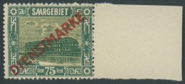 SAARGEBIET D 10 , 1922, 75 C. Steingutfabrik, Rechtes Randstück, Postfrisch, Pracht, Mi. 100.- - Officials