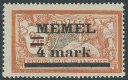 MEMELGEBIET 31IyPF Ia , 1920, 4 M. Auf 2 Fr. Rötlichorange/hellgrünlichblau, Type I, Mit Aufdruckfehler Querbalken Der 4 - Klaipeda 1923