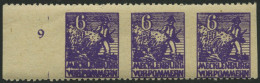 MECKLENBURG-VORPOMMERN 33ydUs , 1946, 6 Pf. Dunkelrotviolett, Graues Papier, Senkrecht Ungezähnt, Im Waagerechten Dreier - Otros & Sin Clasificación