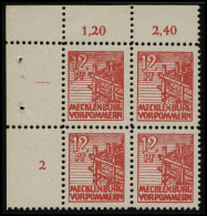 MECKLENBURG-VORPOMMERN 36xcc VB , 1946, 12 Pf. Schwärzlichgraurot, Kreidepapier, Linker Oberer Eckrandviererblock, Prach - Sonstige & Ohne Zuordnung