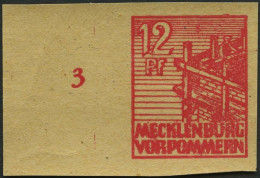 MECKLENBURG-VORPOMMERN 36ybGU , 1946, 12 Pf. Rot, Graues Papier, Druck Auf Gummiseite, Ungezähnt, Pracht, Mi. 150.- - Andere & Zonder Classificatie