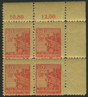 MECKLENBURG-VORPOMMERN 36yeG , 1946, 12 Pf. Orangerot, Graues Papier, Druck Auf Der Gummiseite, Im Eckrandviererblock, P - Andere & Zonder Classificatie