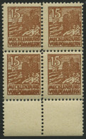 MECKLENBURG-VORPOMMERN 37zaDZ VB , 1946, 15 Pf. Gelbbraun, Dünnes Papier, Im Viererblock Mit Druckereizeichen, Pracht, G - Sonstige & Ohne Zuordnung