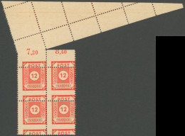 OST-SACHSEN 60a VB , 1945, 12 Pf. Orangerot Im Viererblock, Durch Bogenumschlag Kleines Anhängendes Gezähntes Bogenteil, - Sonstige & Ohne Zuordnung