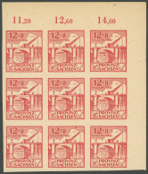 PROVINZ SACHSEN 88BIX , 1946 12 Pf. Wiederaufbau, Ungezähnt, Im Neunerblock Mit Plattenfehler Farbpunkt Im Oberen Marken - Autres & Non Classés