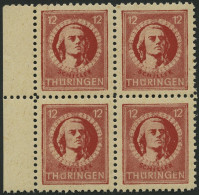 THÜRINGEN 97AXbt VB , 1945, 12 Pf. Dunkelbräunlichrot, Gelblichgraues Papier, Im Randviererblock, Pracht, Gepr. Ströh, M - Sonstige & Ohne Zuordnung