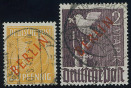 BERLIN 27,34 O, 1949, 25 Pf. Und 2 M. Rotaufdruck, Normale Zähnung, 2 Prachtwerte, Gepr. Schlegel, Mi. 335.- - Sonstige & Ohne Zuordnung