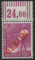 BERLIN 29WOR , 1949, 40 Pf. Rotaufdruck, Walzendruck, Oberrandstück, Pracht, Gepr. D. Schlegel, Mi. 400.- - Neufs