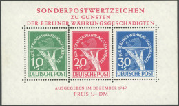 BERLIN Bl. 1III , 1949, Block Währungsgeschädigte Mit Plattenfehler Grüner Punkt Rechts Am Handgelenk, Postfrisch, Prach - Andere & Zonder Classificatie