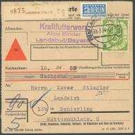 BUNDESREPUBLIK 138 BRIEF, 1954, 90 Pf. Posthorn, Einzelfrankatur Auf Nachnahme-Paketkarte Aus LANDSHUT, Pracht - Altri & Non Classificati