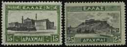 GRIECHENLAND 316/7I , 1927, 15 Dr. Gelbgrün/schwarz Und 25 Dr. Grün/schwarz, Type I, 2 Prachtwerte - Andere & Zonder Classificatie