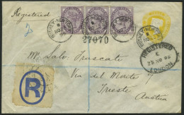 GROSSBRITANNIEN 65 BRIEF, 1895, 1 P. Königin Victoria Im Paar Und Einzelmarke Auf Privatganzsache 3 P. Gelb, R-Umschlag  - Gebraucht