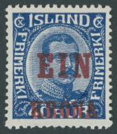 ISLAND 121 , 1926, 1 Kr. Auf 40 A. Blau, Postfrisch, Pracht, Mi. 400.- - Other & Unclassified