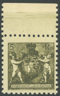 LIECHTENSTEIN 48A , 1921, 5 Rp. Schwarzbräunlicholiv, Gezähnt L 91/2, Oberrandstück, Postfrisch, Pracht, Mi. (280.-) - Sonstige & Ohne Zuordnung