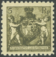 LIECHTENSTEIN 48A , 1921, 5 Rp. Schwarzbräunlicholiv, Gezähnt L 91/2, üblich Gezähnt, Postfrisch, Pracht, Mi. 280.- - Other & Unclassified