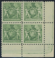 LIECHTENSTEIN 50A VB , 1921, 10 Rp. Dunkelgelblichgrün, Gezähnt L 91/2, Im Viererblock Aus Der Unteren Rechten Bogenecke - Andere & Zonder Classificatie