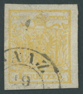 ÖSTERREICH BIS 1867 1Xa O, 1850, 1 Kr. Ockergelb, Handpapier, Type III, Großes Wasserzeichen-Teil!, K2 (S)AAZ, Pracht, F - Altri & Non Classificati