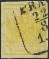 ÖSTERREICH 1Ya O, 1854, 1 Kr. Gelb, Maschinenpapier, Type III, R4 PRA(G), Pracht, Fotobefund Dr. Ferchenbauer, Mi. 120.- - Gebraucht