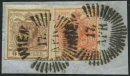 ÖSTERREICH 3,4X BrfStk, 1850, 3 Kr. Rot Und 6 Kr. Braun, Handpapier, Strahlenstempel WIEN, Prachtbriefstück - Autres & Non Classés