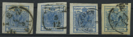 ÖSTERREICH 5X,Y O, 1850/4, 9 Kr. Blau, 4 Allseits Riesenrandige Prachtwerte - Autres & Non Classés