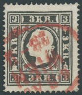 ÖSTERREICH BIS 1867 11IIa O, 1858, 3 Kr. Schwarz, Type II, Roter Stempel, Pracht, Mi. 250.- - Autres & Non Classés