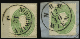 ÖSTERREICH 19 BrfStk, 1860, 3 Kr. Grün, K1 N:B:H: WIEN Und N.B.H. WIEN, 2 Prachtbriefstücke - Andere & Zonder Classificatie